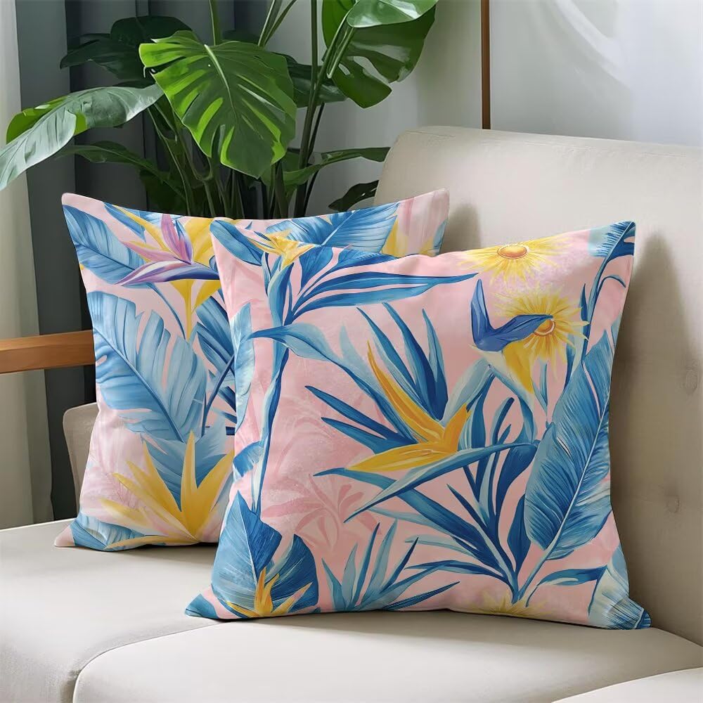 Federe Cuscini Divano 65x65 cm Federe Morbido Copricuscini Rosa in Velluto, 2 Pezzi Copri Cuscini per Divano Primavera Estate Federa Cuscino Piante Tropicali per Camera da Letto Soggiorno (IU71)