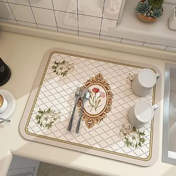 2023 New Fantasy Style Draining Mat - Vintage Plates Dish Drying Mat, Microfiber Absorbent Dish Draining Mat, Soft Diatom Mud Non-Slip Drain Pad Quick Dry Mat for Kitchen #5, 15.7*19.7 Inc