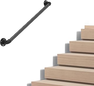 Industrial Pipe Stair Handrail, Wall-Mounted Metal Hand Rail for Indoor & Outdoor Steps, Black