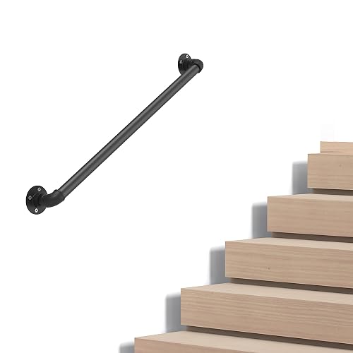 Industrial Pipe Stair Handrail, Wall-Mounted Metal Hand Rail for Indoor
