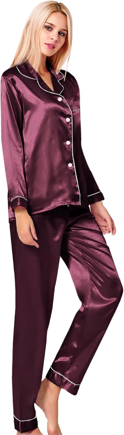 SWOMOG Womens Silk Satin Pajamas Set Long Sleeve Button Down Sleepwear 2 Piece Lounge Set Pj Set XS-3XL - Image 4