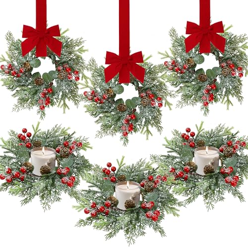 Sggvecsy 6 Pcs Christmas Candle Rings Norfolk Pine Wreath Artificial Red Berries Pinecones Small Wreaths Table Centerpieces Kitchen Cabinets Pillars Mini Candle Rings for Window Front Door Decor