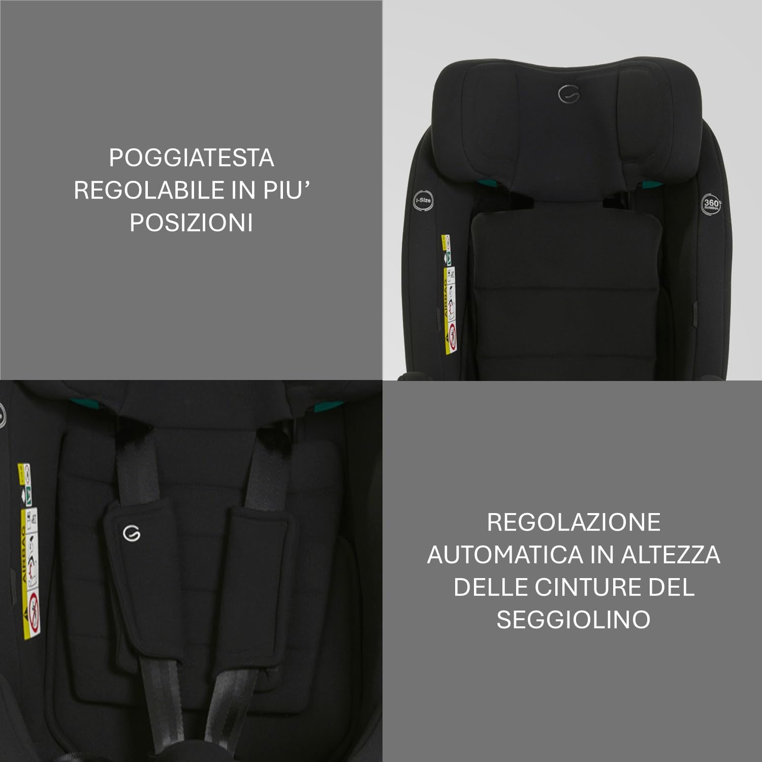 Giordani Andromeda Seggiolino Auto 40-150 cm i-Size, Base Girevole 360°, Isofix e Gamba di Supporto, con Riduttore Neonato e Sistema Harness Retainer, Evolutivo 0-12 Anni R129/03