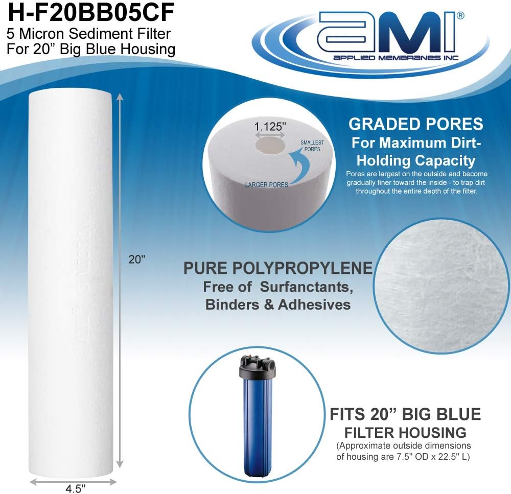 10 PACK | APPLIED MEMBRANES INC. 5 Micron Sediment Filter Replacement | 20" Whole House Sediment Filter | Depth Filter Removes Rust, Dirt, Sand, Silt, and Suspended Solids | H-F20BB05CF Box of 10