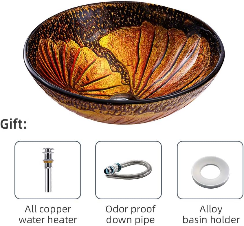 Orange Shell Pattern Tempered Glass Vessel Round Bathroom Sink Counter Top Installation Modern Artistic Vanity Sinks Glass Vessel Sink with Pop up Drain,Singlesink