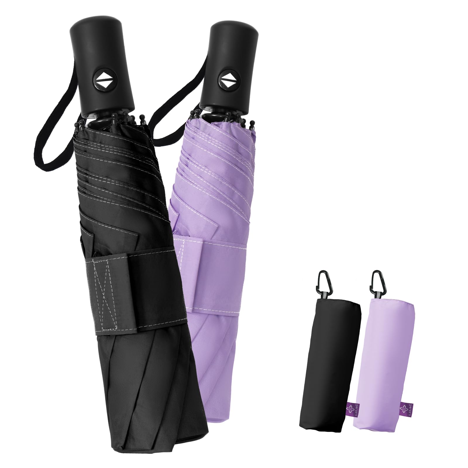 LILAC Regenschirm Klein Stabil Windfest, 110cm Taschenschirm Auf-Zu-Automatik, Kompakter Reiseschirm mit Klettverschluss & Karabiner, Leicht Faltschirm für Damen Herren