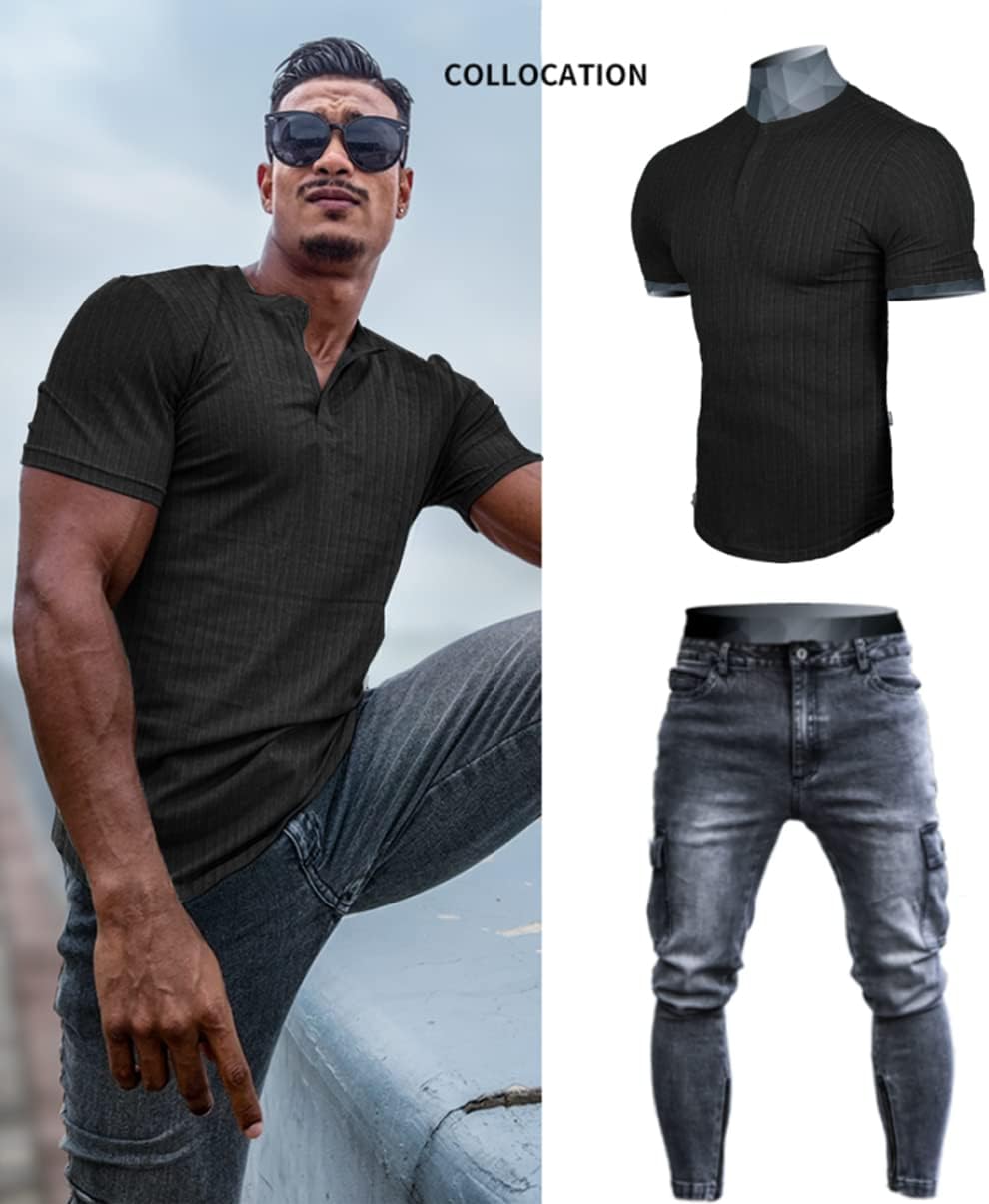Muscle Cmdr Men's Ribbed Henley Shirt Short Sleeve Slim Fit Muscle Shirt Fitted Cotton Casual Long Sleeve - Image 5
