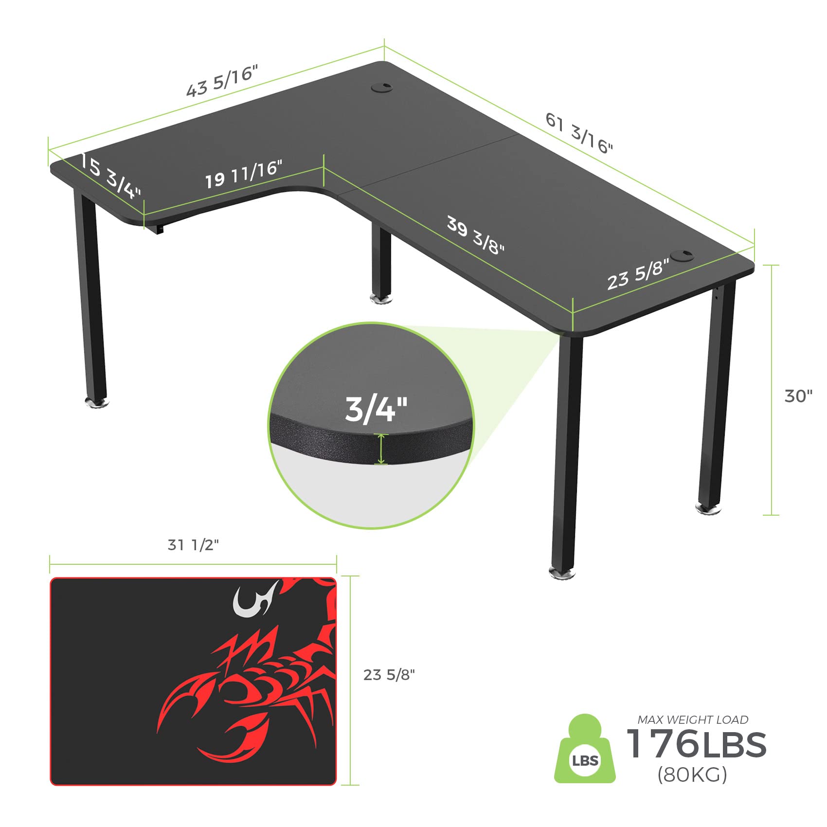 Buy EE Eureka Ergonomic 61 inch L Shaped Corner Desk,Ergonomic Gamer