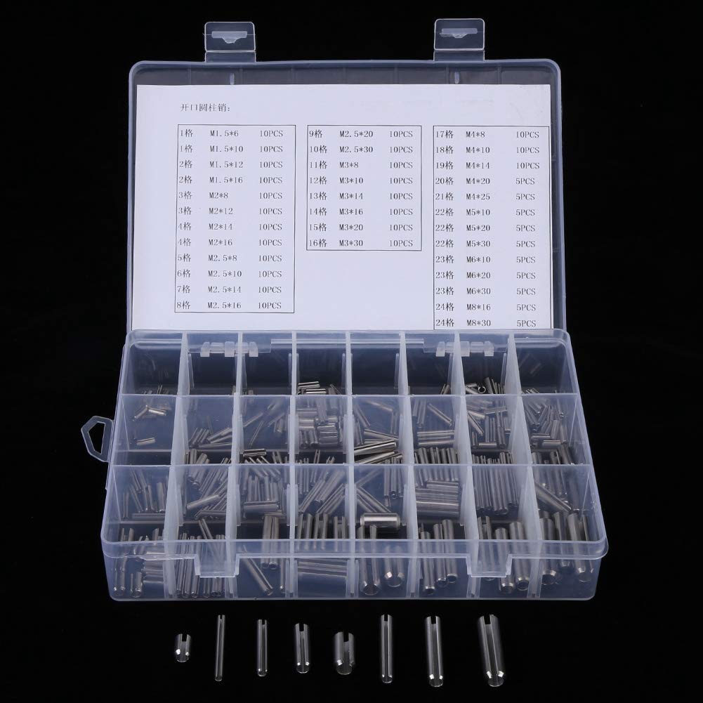 Lot de 280 Goupilles Cylindriques à Ressort en Acier Inoxydable, Ensemble de Goupilles élastiques à Ressort M1.5 M2 M2.5 M3 M4 M5 M6 M8 Assortiment de Goupilles élastiques pour