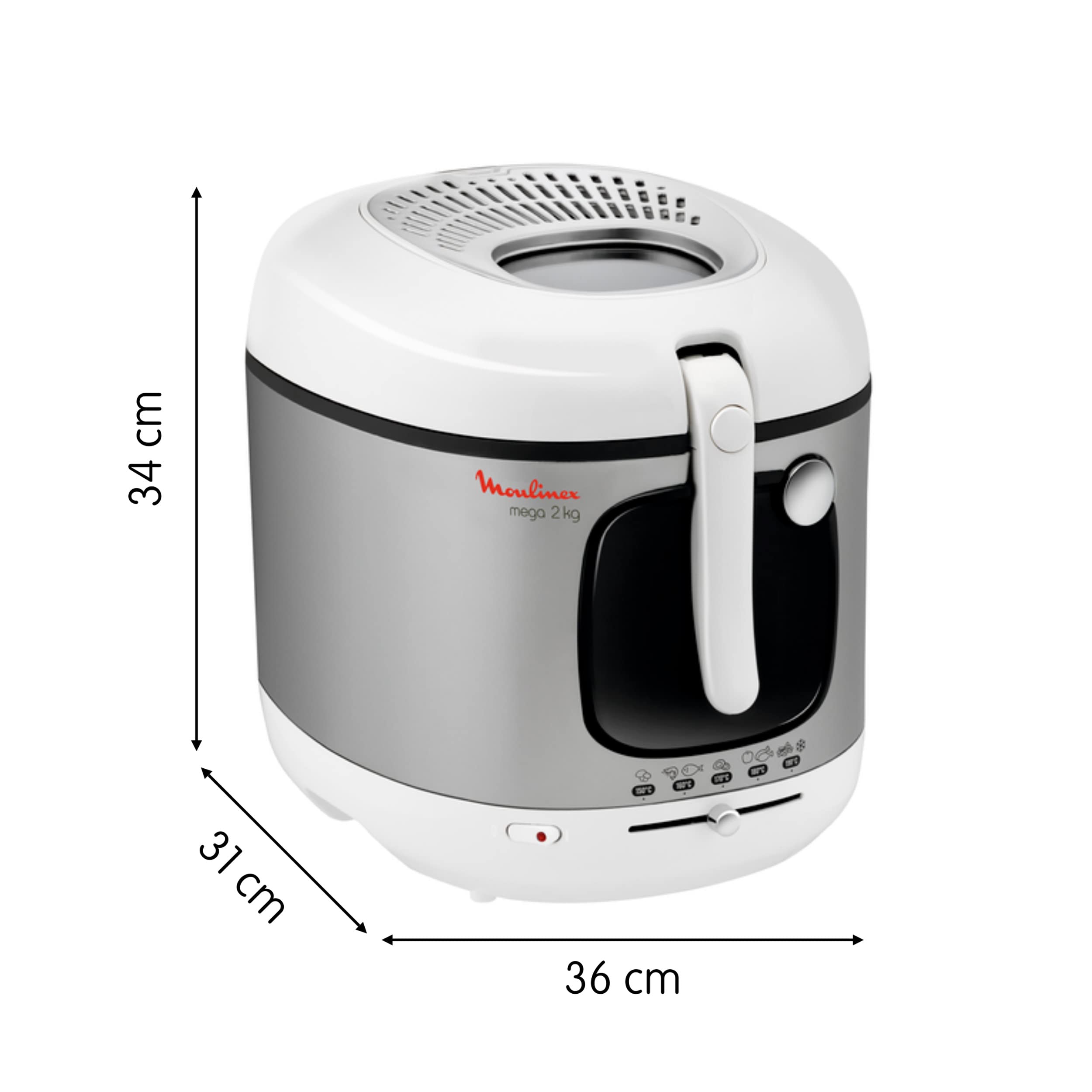 Moulinex Mega 2kg Fritteuse, Fritteuse mit Öl, Anti-Geruchs-Filter, regelbare Temperatur, leichte Reinigung, knusprige Pommes, 1.800 Watt, für bis zu 8 Personen, weiß/silber, AM4800
