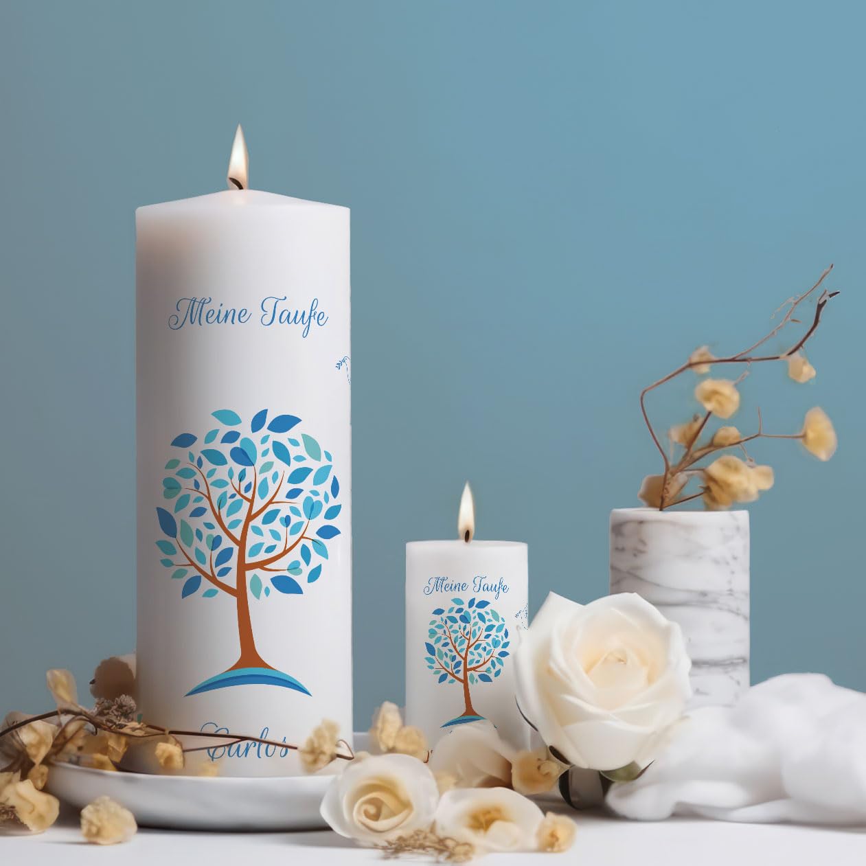 GRAVURZEILE Candela A Stelo Personalizzata Con Fiori E Croce – Per Battesimo, Comunione O Cresima – Bianca 40 Cm, Con Nome E Data - 4