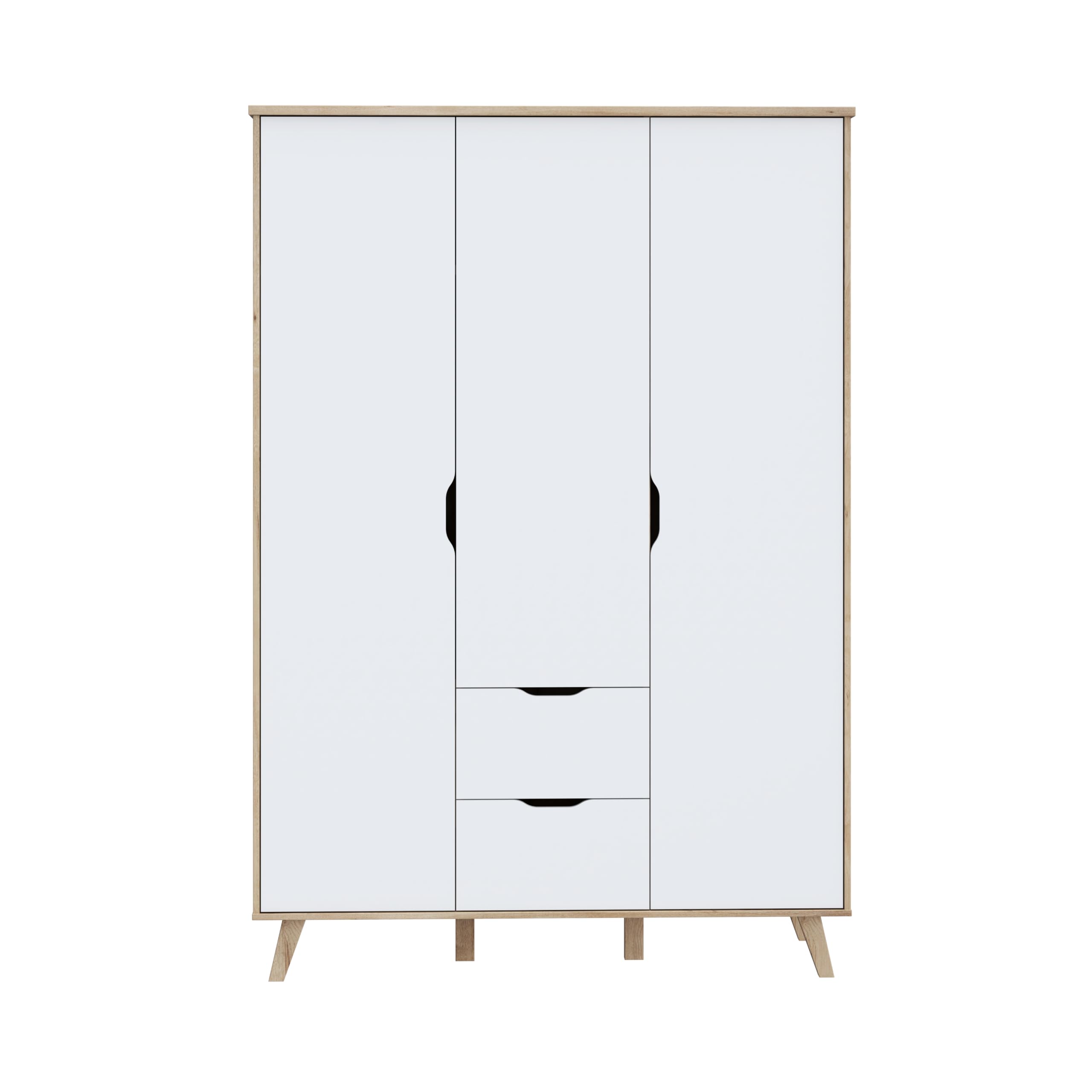 FORTE VANKKA Schrank 140, Kleiderschrank 2 Schubladen, Drehtürenschrank Skandinavisch, Schlafzimmerschrank Kinderzimmerschrank 3-türig Planked Eiche/Weiß, 139 cm breit x 201.5 cm hoch x 53 cm tief