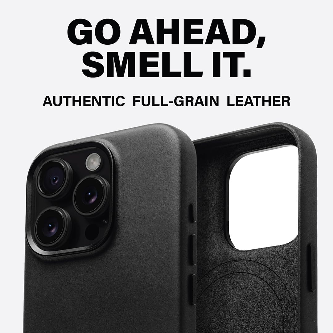KORDIZ Full Grain Leather iPhone 16 Pro Case - MagSafe Compatible, Wireless Charging, Custom Metal Buttons, Camera Bezel Protection, Raised Edges - Black