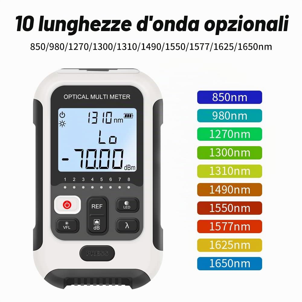 Misuratore di potenza ottico tutto in 1 con risoluzione dei guasti visivi VFL e RJ45 Monitoraggio dei cavi multifunzione in fibra ottica con batteria agli ioni di litio (AT-TM570OPMVFL)