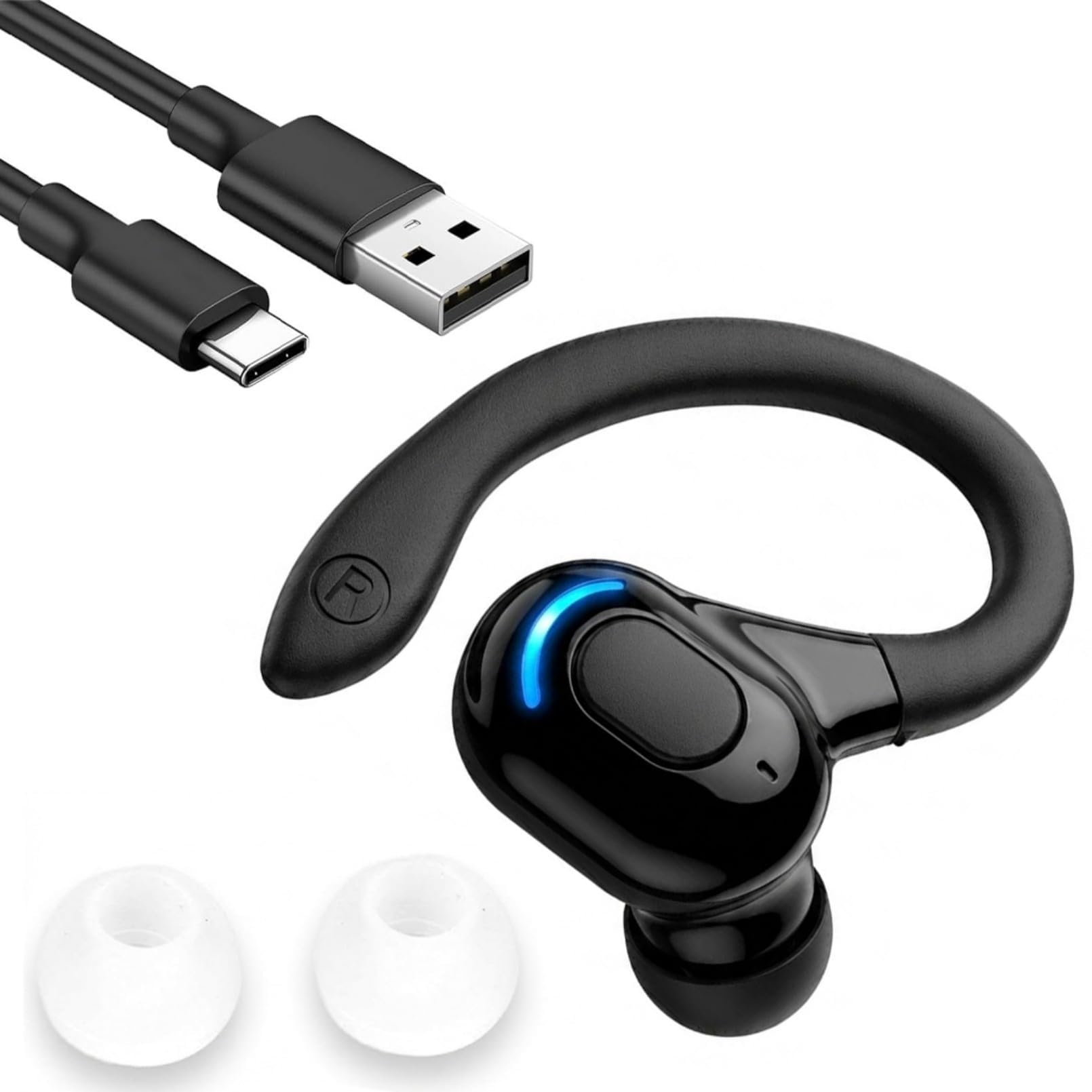 Oreillette Bluetooth Sans Fil V5.2 avec Micro Intégré, Écouteur Mono Main Libre Bluetooth, Tour d’Oreille 360°, Réduction de Bruit, 20 h d’Autonomie, Compatible avec iPhone, Android, Conduite, Sport