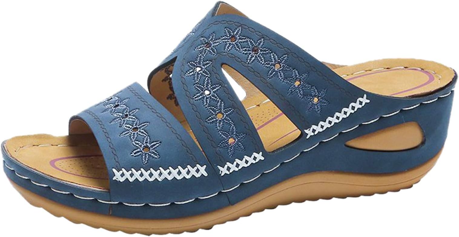 Women's Wedge Fish Mouth Platform Multicolor Embroidered Sandals Slippers