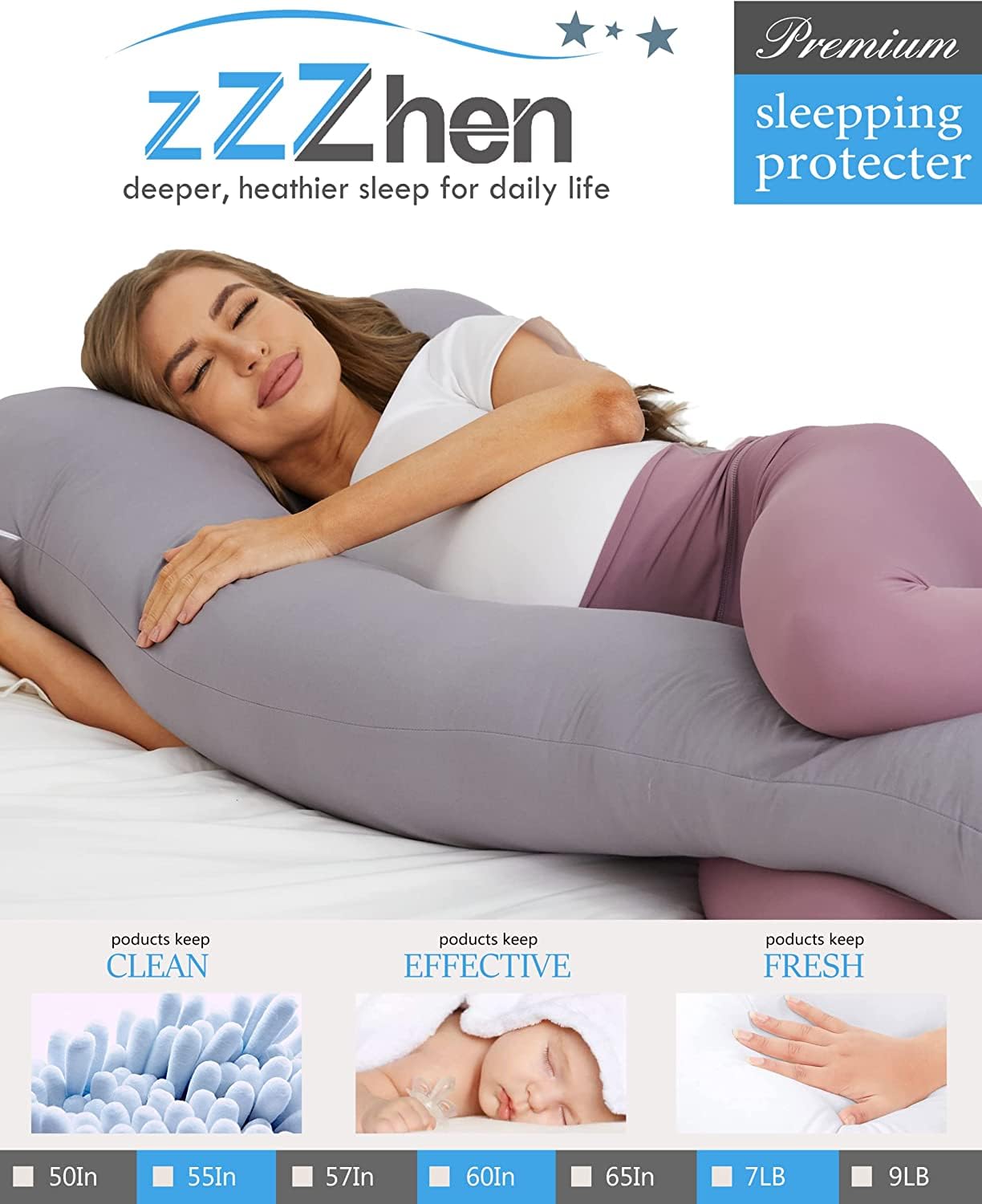 ZZZhen Pregnancy Pillow for Sleeping, U Shaped Maternity Pillow - 56 Inch with Grey Microfiber Removable Cover, Multi- Use and Support Back, HIPS, Legs, Belly for Pregnant Women Sleeping