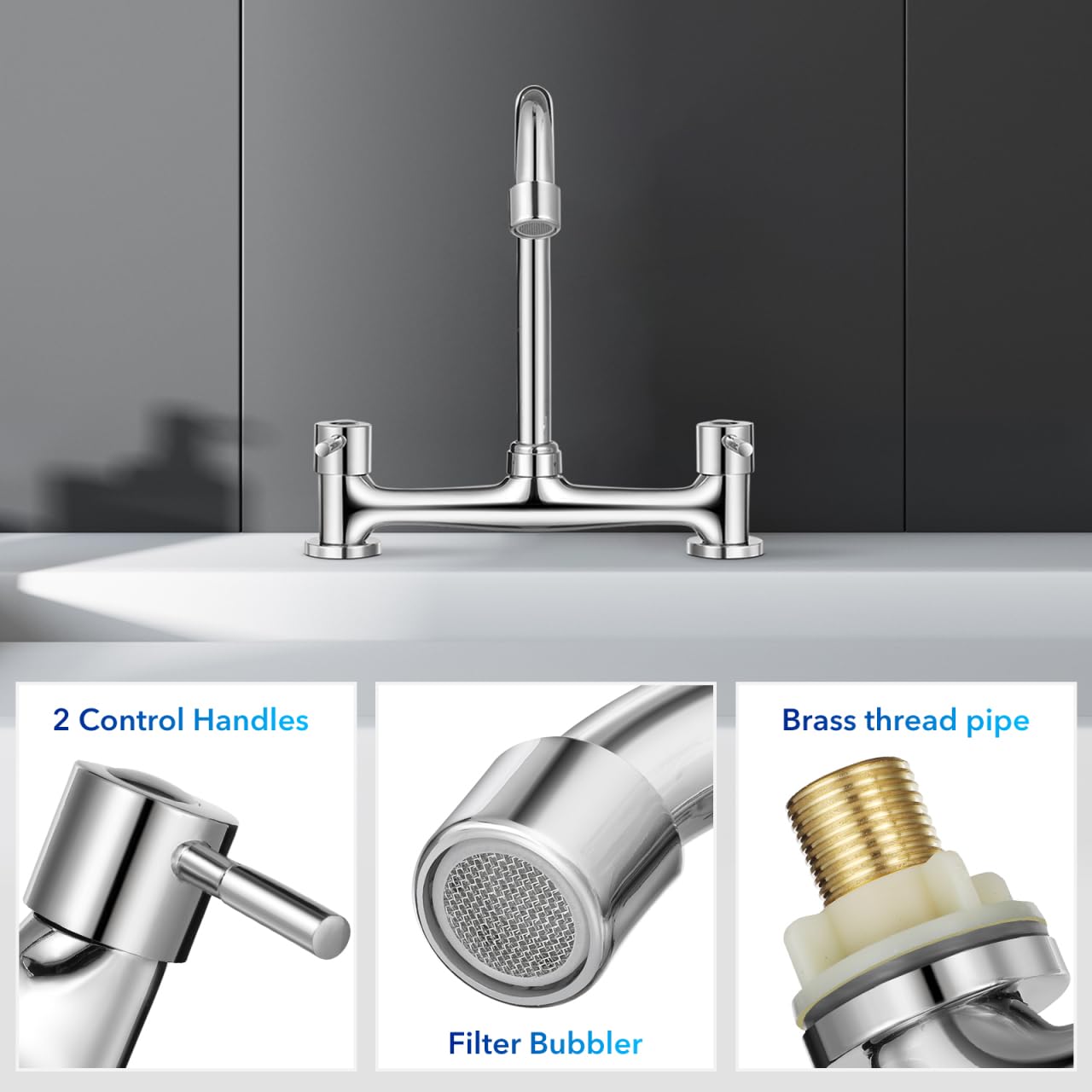 Hemobllo Robinet De Cuisine À Deux Trous Pour Évier Avec Commande Séparée Eau Chaude Et Froide Mitigeur Vertical Rotatif À 360° Adapté À Usage Domestique Et Commercial