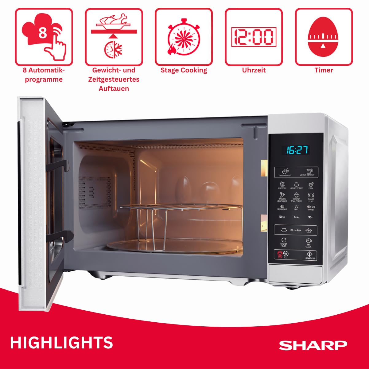 SHARP YC-MG02ES Kuchenka mikrofalowa, 20 l, z funkcją grillowania, programem rozmrażania, 11 poziomów mocy, funkcja timera, płyta obrotowa w zestawie