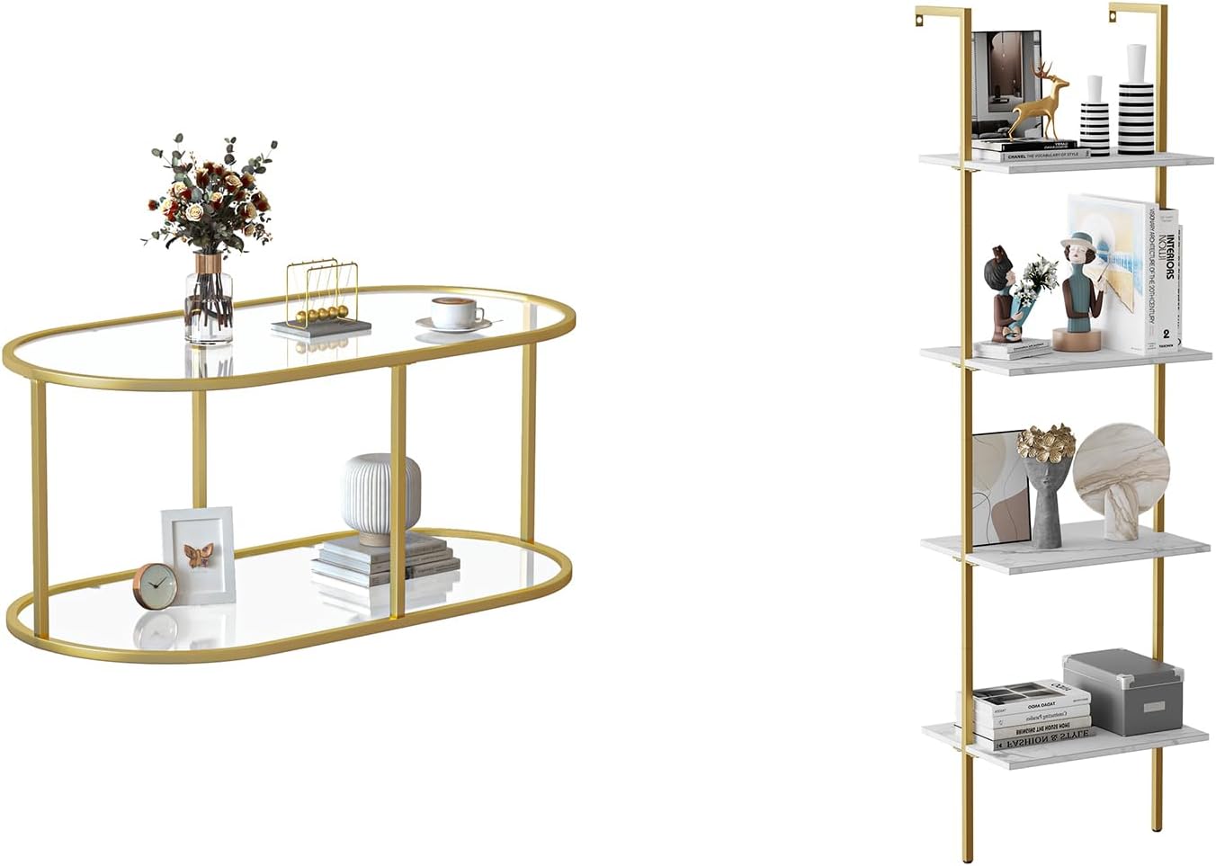 Ladder Shelf 4 Tiers Metal Industrial Bookshelf,White Marble Wood Tall Open Storage Rack and Display Shelves,Wall Mount Wide Book Case for Home Office Bedroom,Small