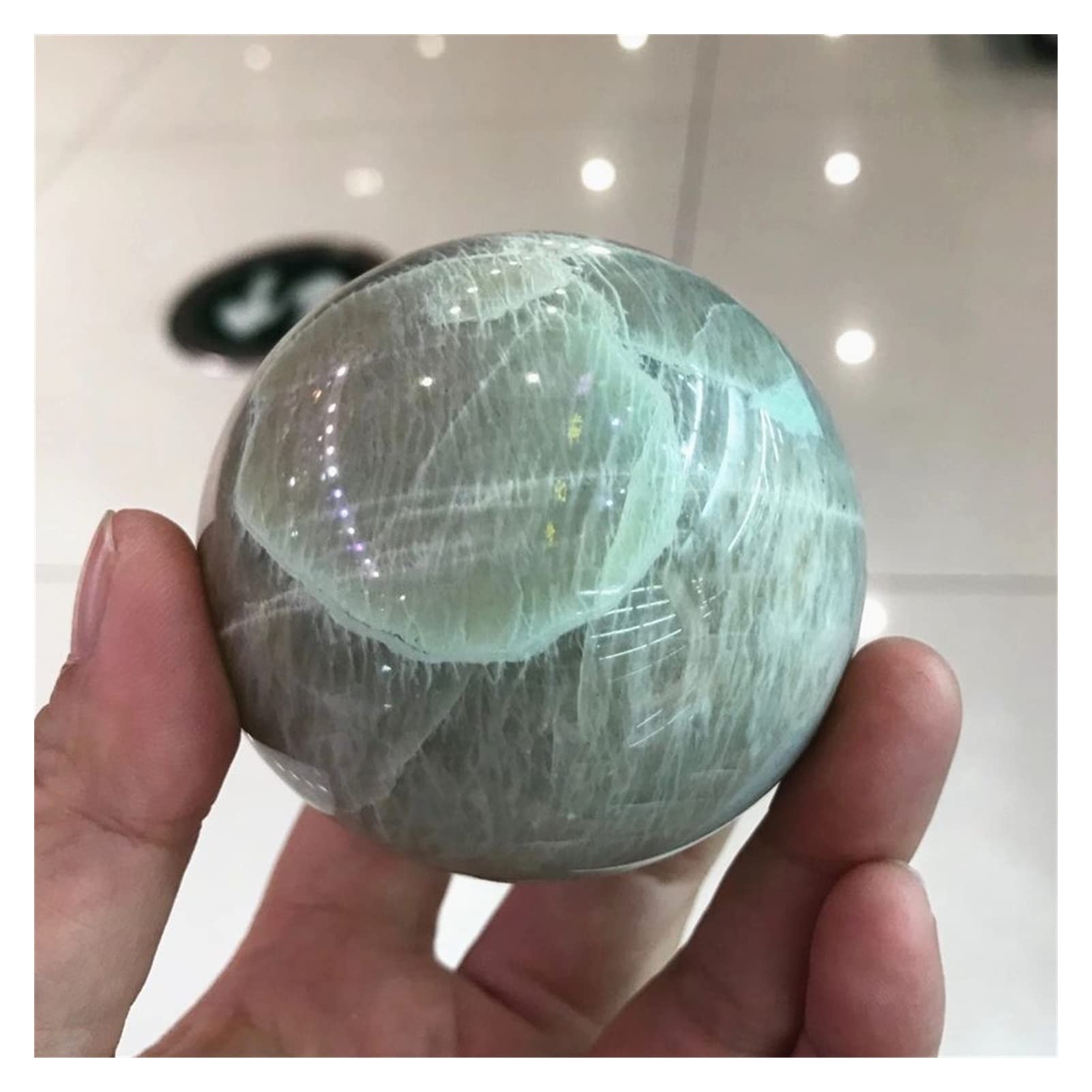 decoración de la habitación Pulido Bola de luz de luna verde Cristal natural Piedras decorativas Esfera Una perla luminosa legendaria Joyas preciosas preciosas Piedras de cuarzo ( Size : 7-8cm )