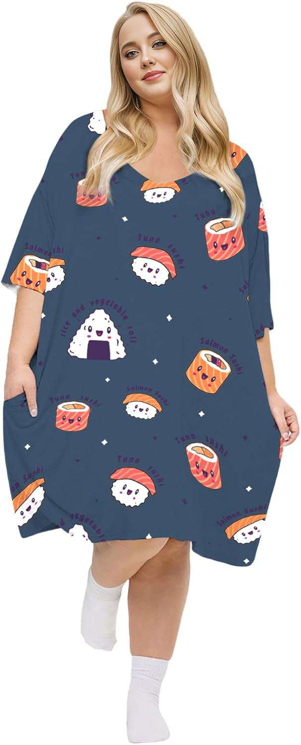 KFUBUO Plus Size Nightgowns for Women V-Neck Sleep Tshirts Dress Pjs Lounge Short Sleeves Sleepwear With Pocket Fit S-5XL