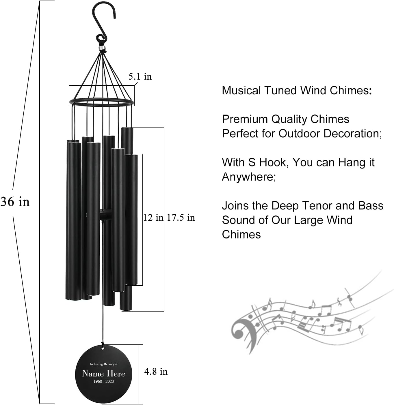 Personalized Wind Chimes Outside, Deep Tone Sympathy Wind Chimes for Loss of Loved Mom/Dad/Lover, Memorial Gifts Mourn Wind Chime for Condolences/Funeral (36inch) - Image 5