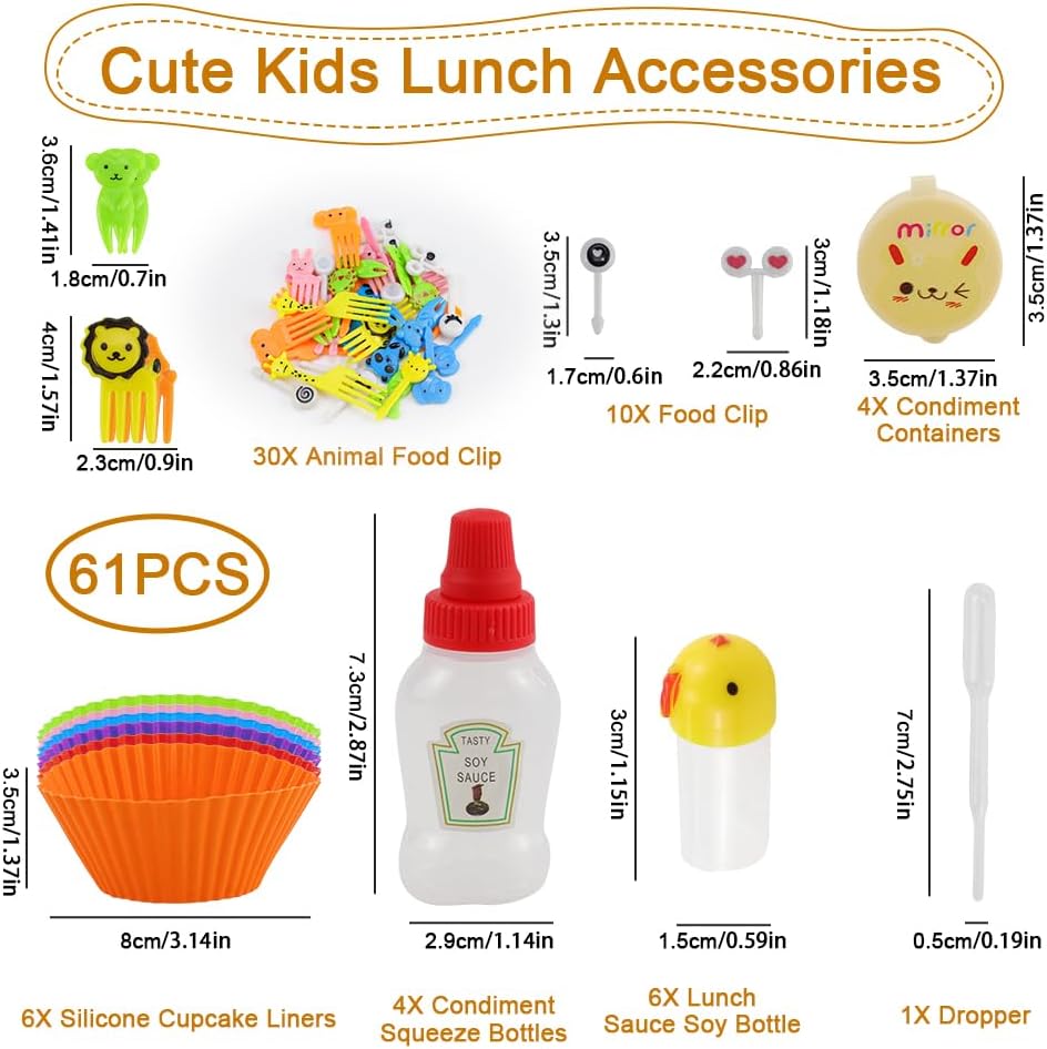 Abnaok 61PCS Silicone Lunch Box Dividers Bento Box Accessories Silicone Cupcake Liners, Lunch Box Accessories Including Food Picks Mini Condiment Bottles for Lunch Containers Accessories