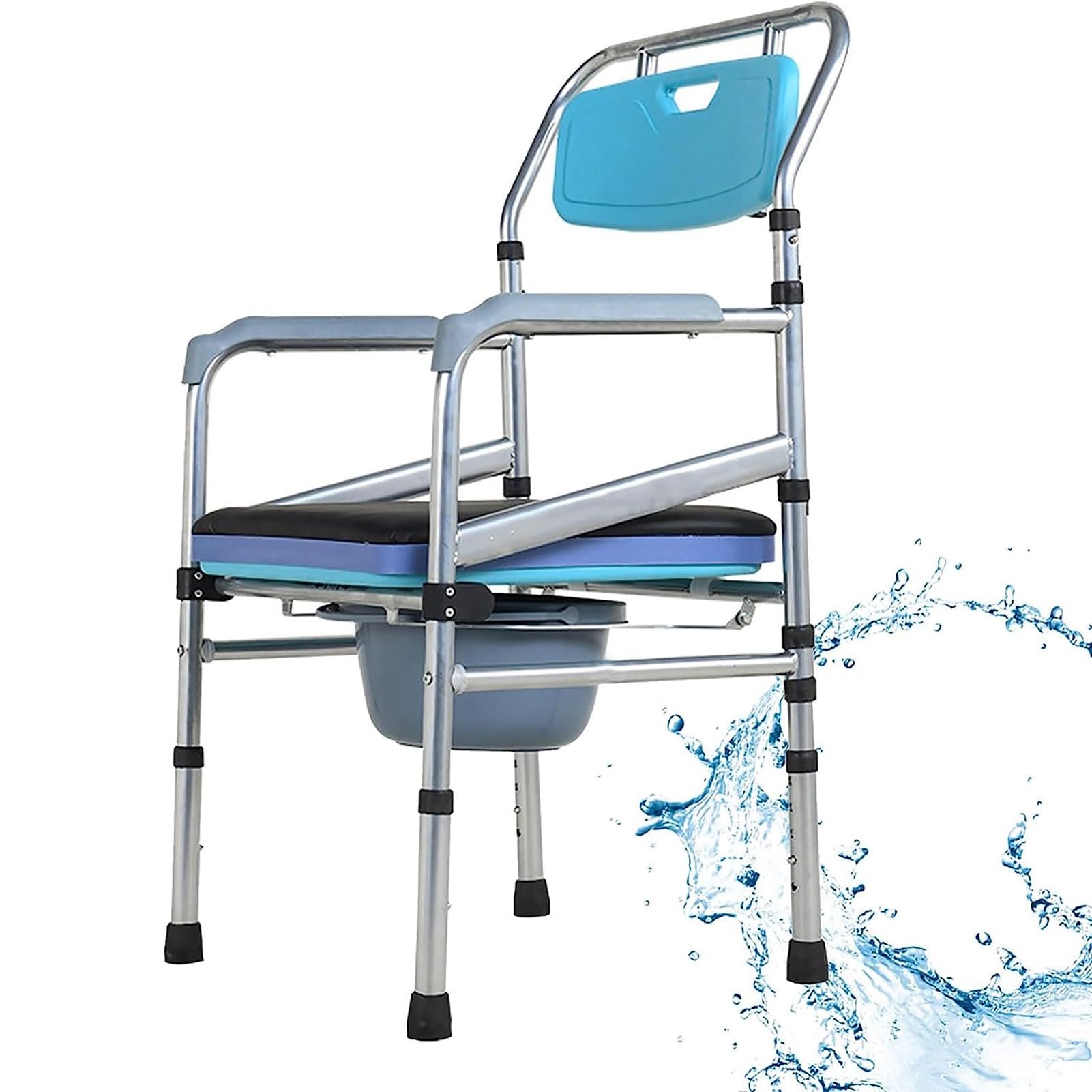Chaise d'aisance portable bleue avec siège rembourré et dossier réglable