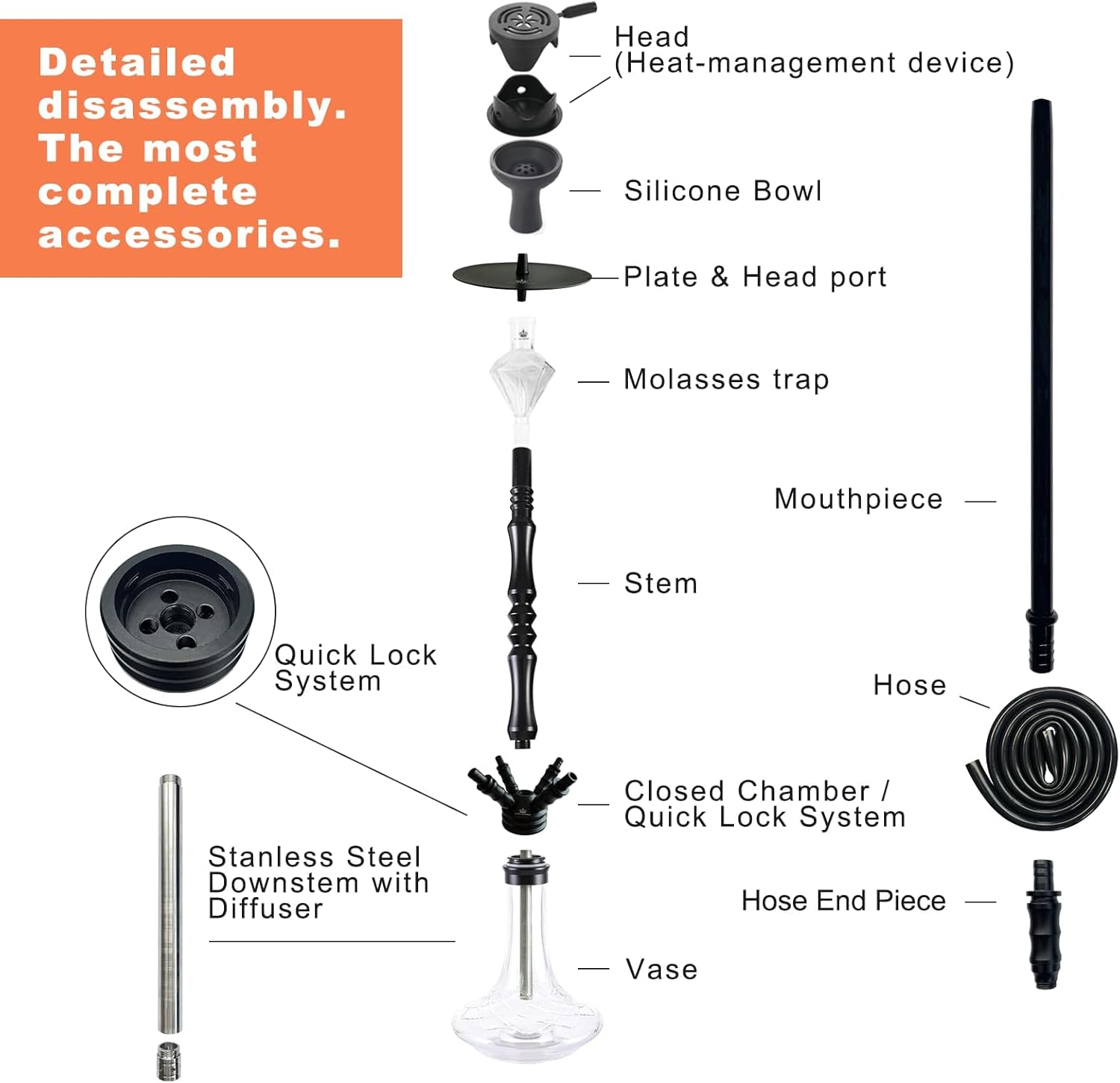 38'' Premium 4 Hose Hookah Complete Set with Everything, Luxury Shisha Set with LED Light, Stainless Steel Hookahs Down Stem with Diffuser, Glass Molasses Trap, Gifts For Husband Boyfriend Or Father