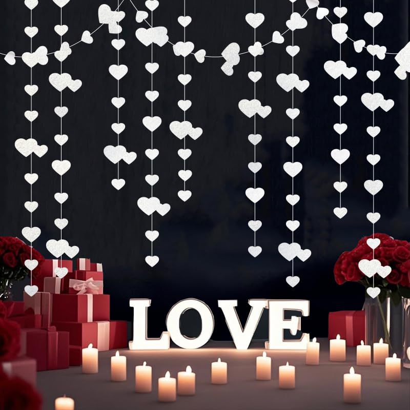 Image of White Hanging Heart Garland Sparkling Love Streamer Glitter Bunting Banner Twinkle Heart Backdrop for Wedding Engagement Valentines Galentines Birthday Party Decor 40 Feet