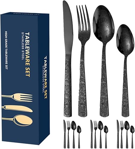 Miniatura 8 de XIAOYU Juego de cubiertos de acero inoxidable retro de 16 piezas, juego de cubiertos vintage, incluye cuchillos, tenedores, cucharas, servicio para