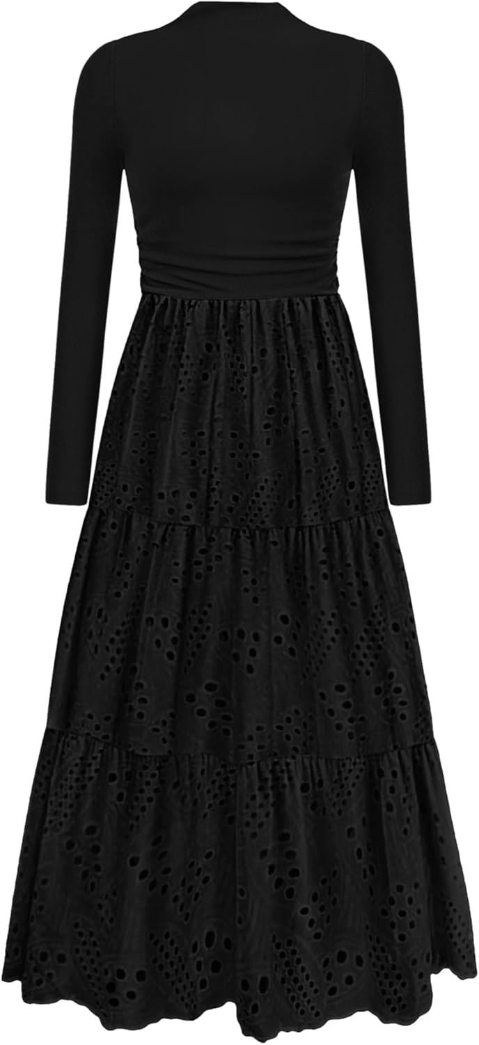 PRETTYGARDEN Long Sleeve Dress for Women 2025 Fall Eyelet Mock Neck A Line Elegant Classy Maxi Wedding Guest Dresses Pockets