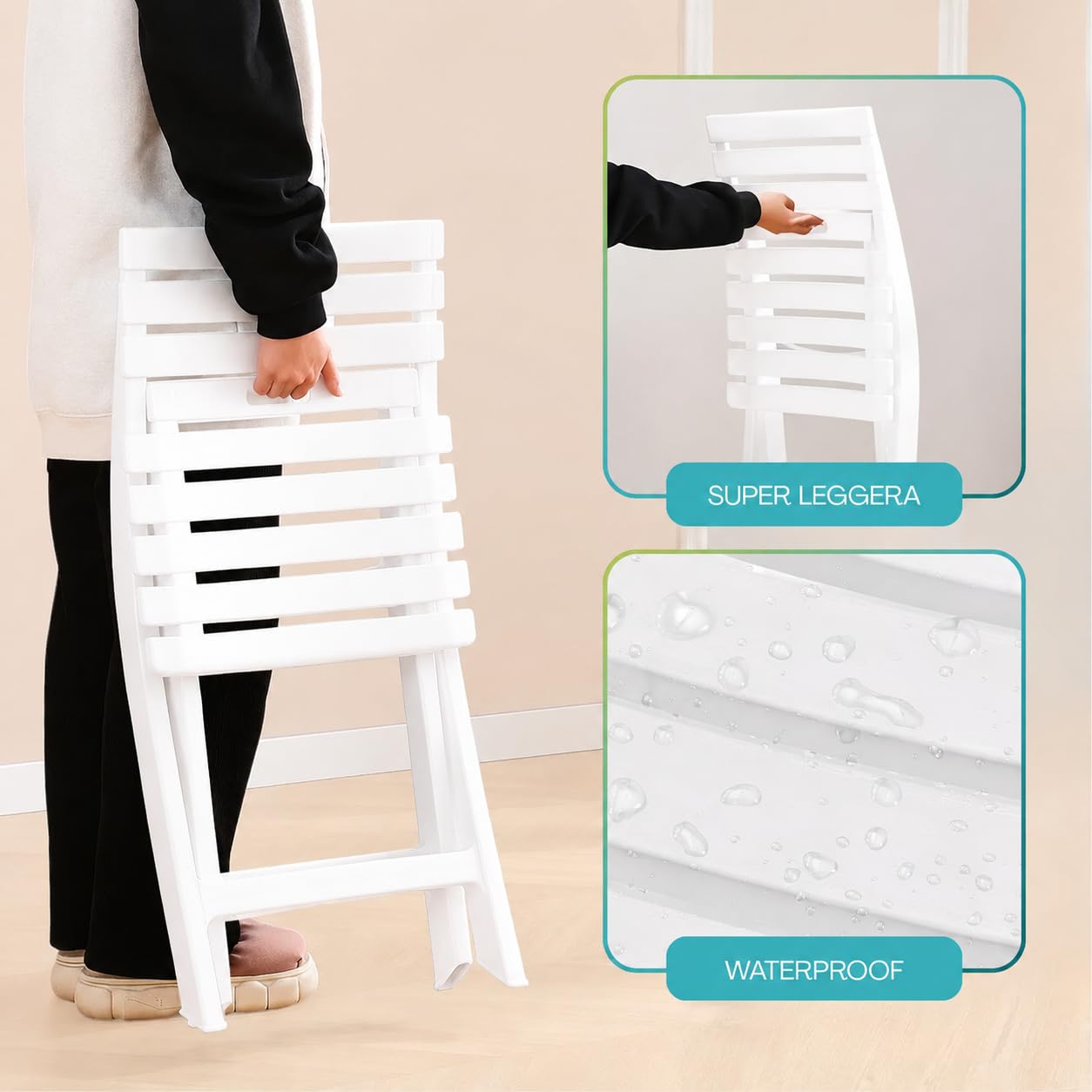 PALUPLUS Set 2 Sedie da Giardino Pieghevoli in Polipropilene, misura 41x44x78 cm, Sedia Richiudibile Senza Braccioli per Esterno ed Interno, Made in Italy -BIRK2739 (Bianco)