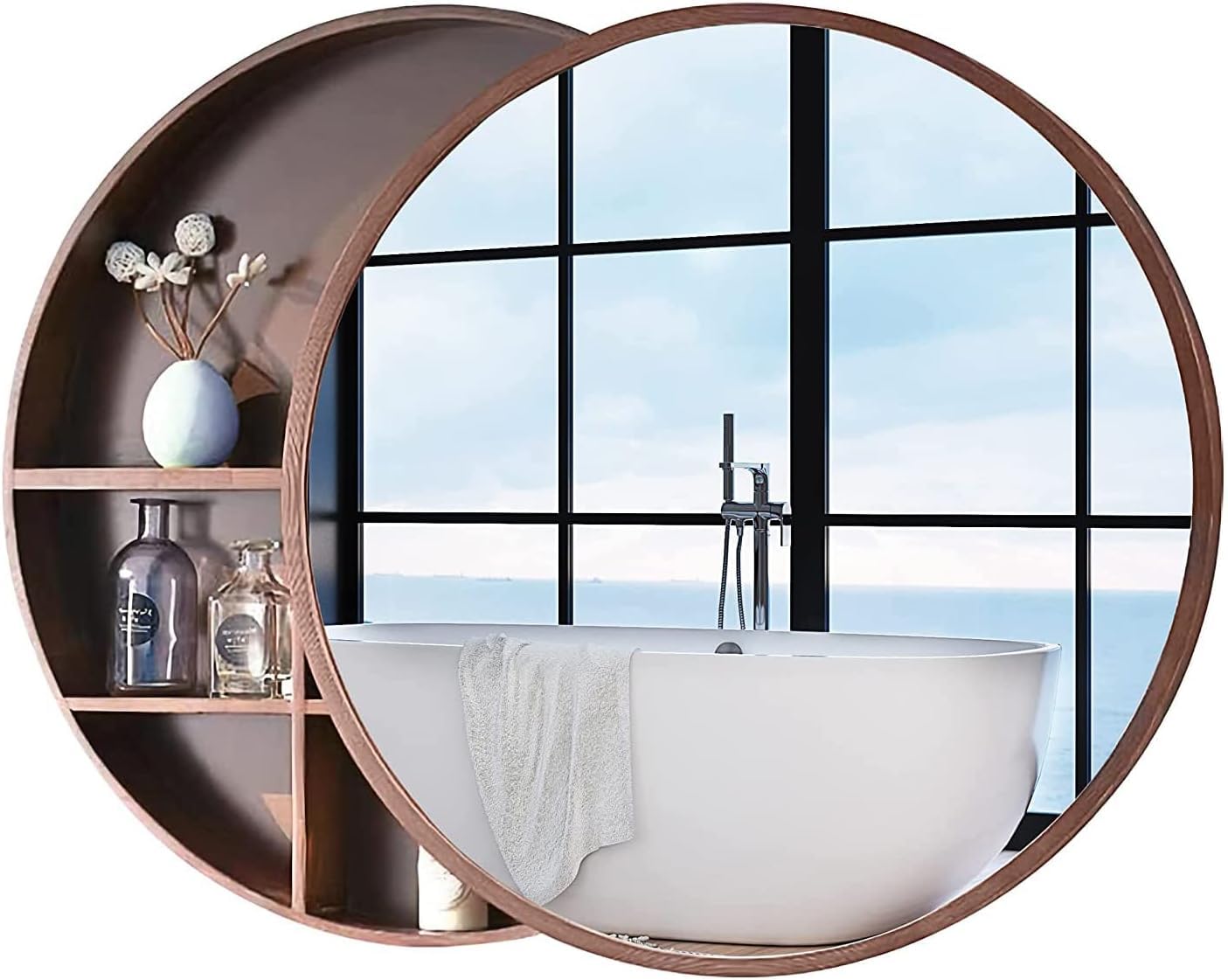 BKSXSOP Large Bathroom Mirror Cabinet Makeup Vanity Round Cabinets, Cabinets Wall Mounted With Wood Medicine Cabinet,natural