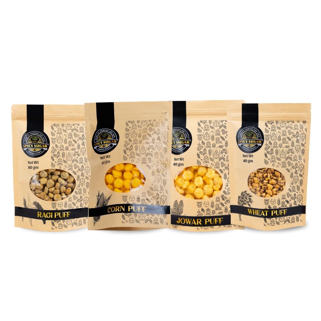 SPICY SUGARSpicy sugar Jowar Puf | Ragi Puf | Wheat Puff Corn Puff - 40g (gluten-free) | Healthy Snack Pufs Combo Offer: Pack of 4 | Light & Crunchy | Palm oil Free | Puffed, not Fried)