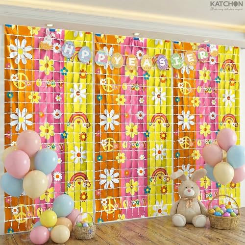 Image of KatchOn, 3Pcs Groovy Fringe Backdrop Curtain | Retro Floral Backdrop for Groovy Decoration Hippie Party Spring Decorations Boho Birthday Decoration Retro Theme Summer Party Decorations