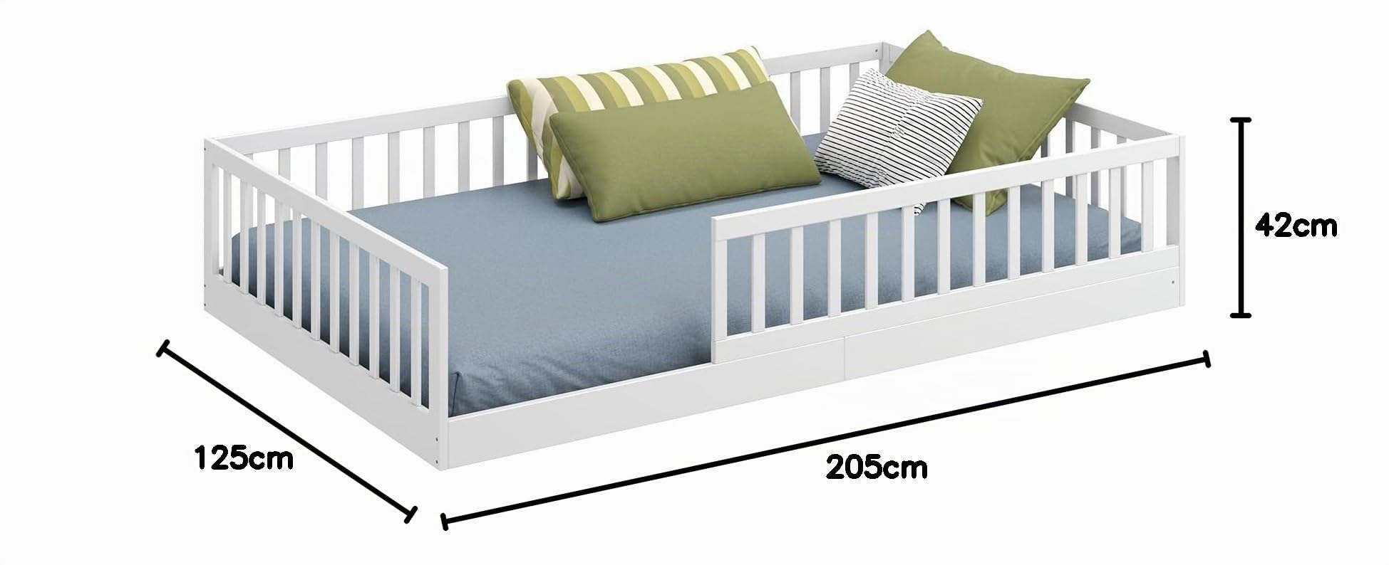 CADANI Timi 2en1 Cama Infantil al RAS del Suelo 120x200 cm Montessori con Barrera anticaída Desmontable, Incluye somier, Pino Macizo, Blanco - 3 Variantes de Montaje, hasta 200 kg, Convertible