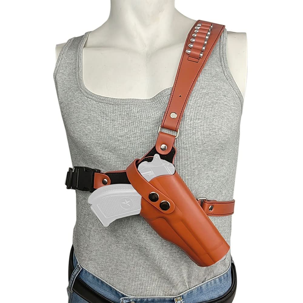 DONGKER Holster D'épaule en Cuir,Étui D'épaule Réglable pour Pistolet Vertical Dissimulé avec 7 Porte-balles pour 1911 G17 G17 G20 G23 M9 P85