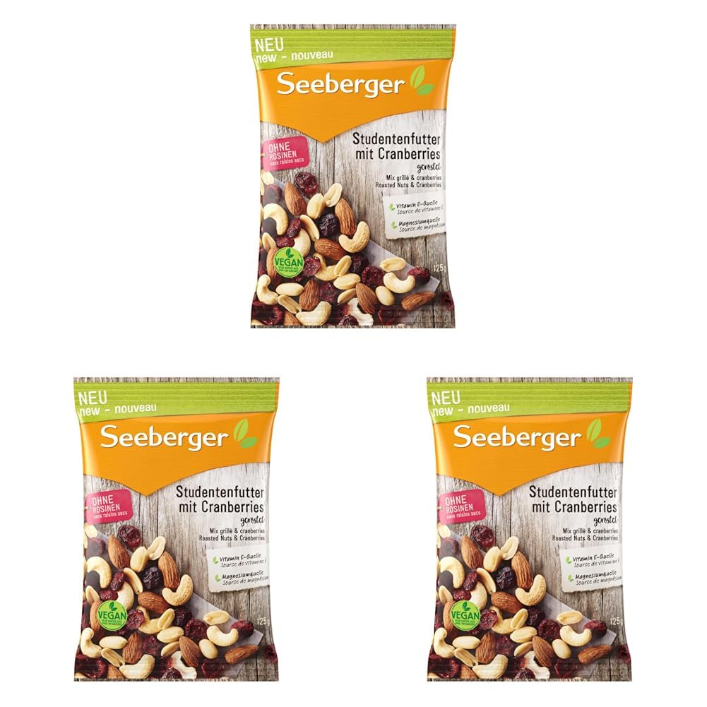 Seeberger Studentenfutter mit Cranberries: Nuss-Frucht-Mischung aus gerösteten Cashews, Mandeln und Erdnüssen - mit Cranberries - reich an Vitamin E, vegan (1 x 125 g) (Packung mit 3)