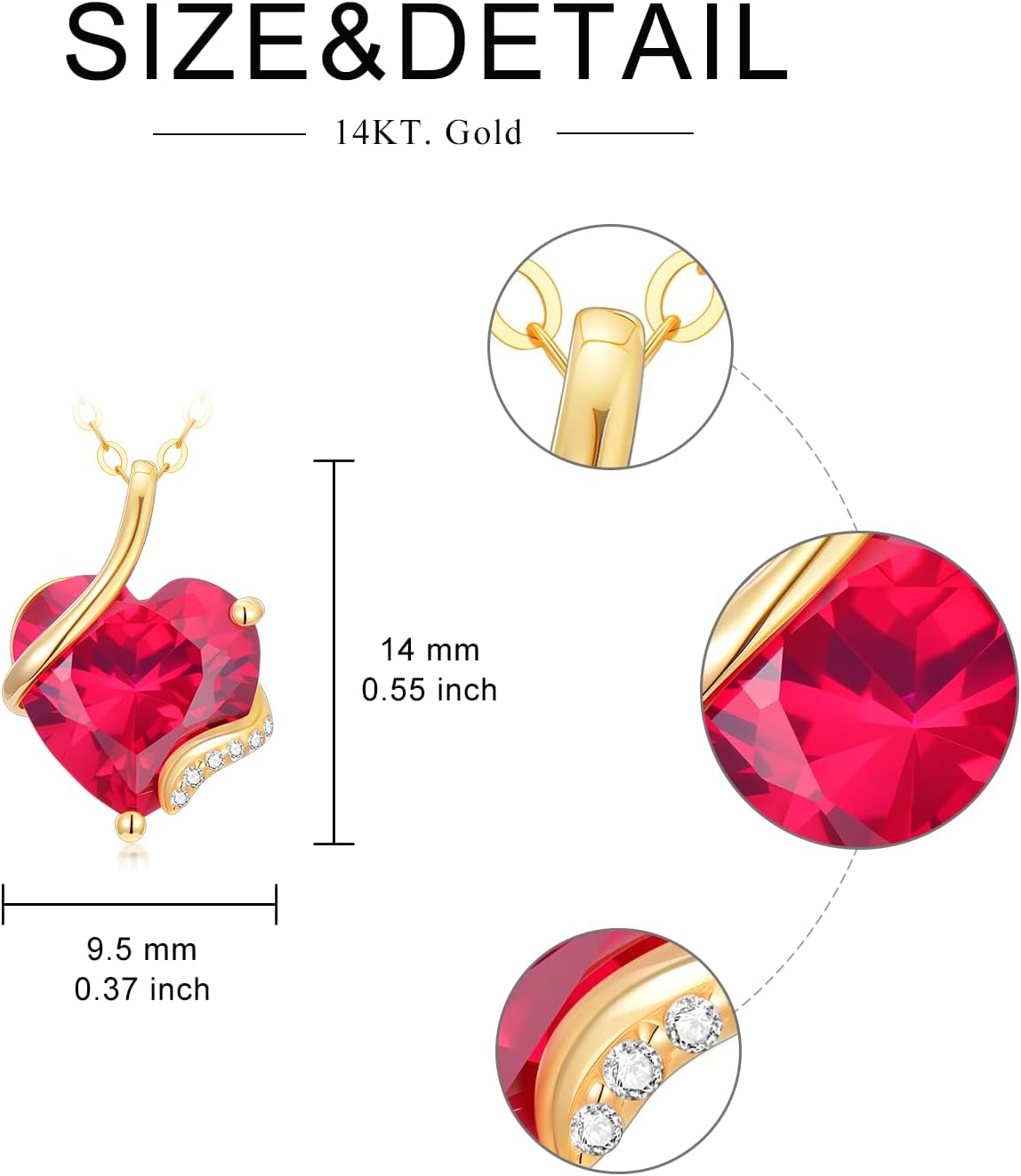 YDD 14K Solid Gold Heart Gemstone Birthstone Necklaces for Women Dainty 3 Carat Heart Cut Gemstone Pendant Birthstone Anniversary Birthday Jewelry Gifts for Her 16"-18" - Image 6