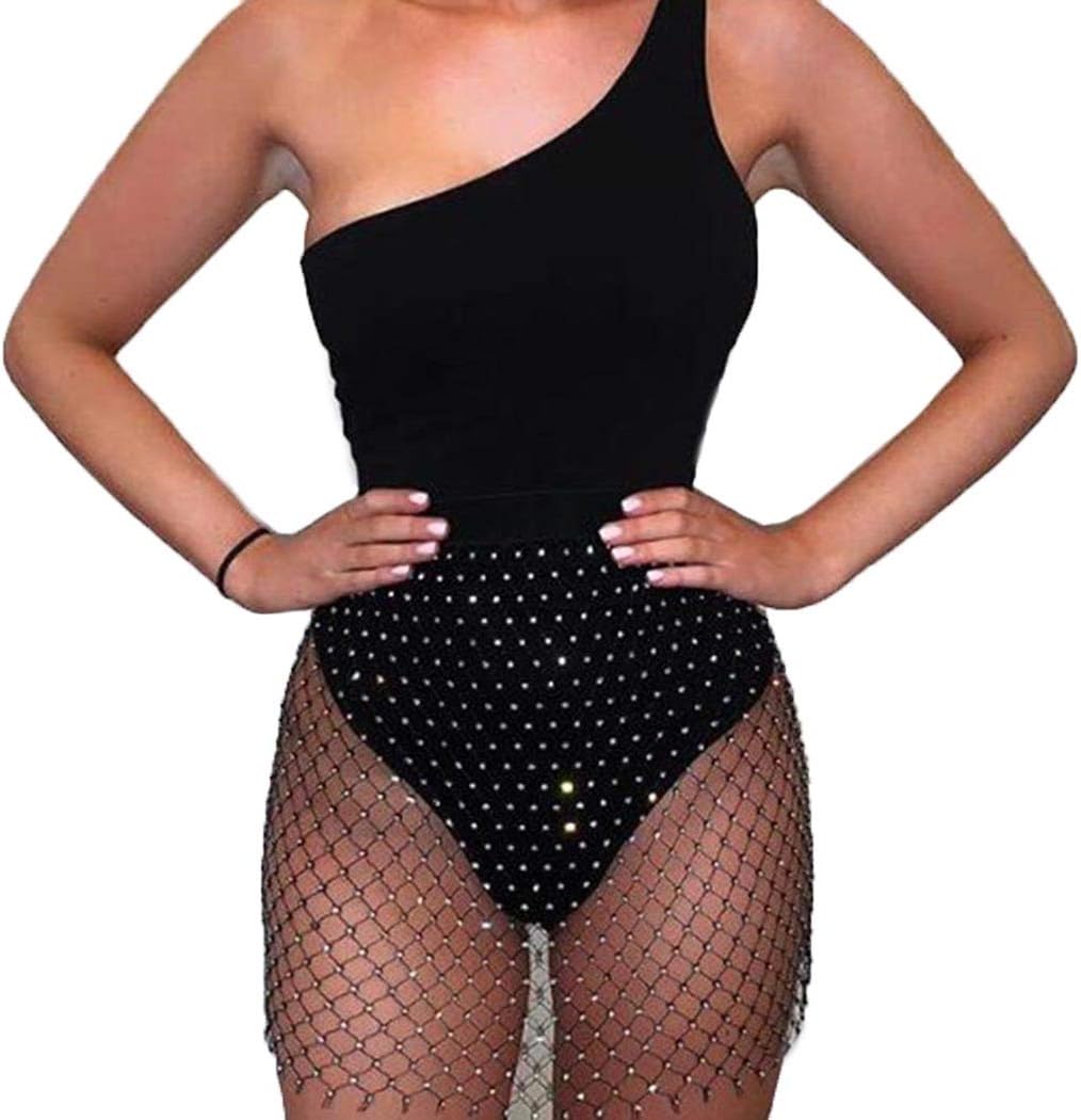 Women Mesh Skirt Rhinestone Fishnet Skirts Fashion Crystal Cover Up Skirt Beach Wrap Skirt Party Costume