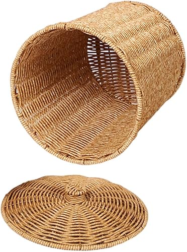 Cesta de almacenamiento con tapa organizadora con tapa, cestas de almacenamiento con ratán redondo para residuos de dormitorio, almacenamiento de