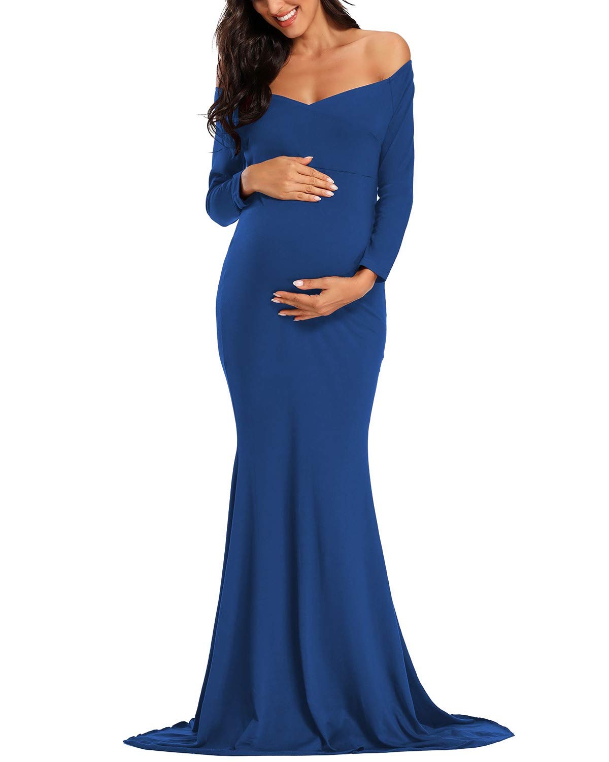 Ecavus Women's Off Shoulder Maternity Dress Slim Cross-Front V Neck Long&Short Sleeves Gowns for PhotoshootGlobal Recycled StandardGlobal Recycled StandardGlobal Recycled Standard