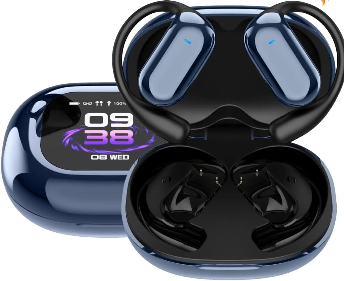 ETSANDYS Q16s Pro Open-Ear Wireless Earbuds in Royal Blue, Real-Time Translation, LCD Display Charging Case, IPX6 Waterproof, Bluetooth 5.4, 80H Battery Life, Hi-Fi Audio, Noise Reduction