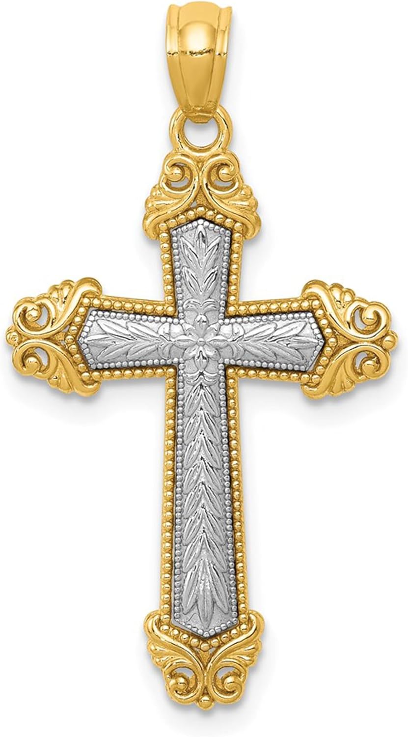 DEWBERRY 14k Two-tone Gold Polished Cross Pendant (Weight : 1.74gm, Length : 31.52mm, Width : 17.4mm)