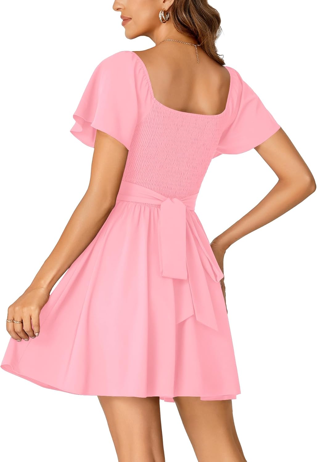 Rooscier Women's Tie Back Square Neck Wrap Ruffle Short Sleeve Flare Mini Dress - Image 5