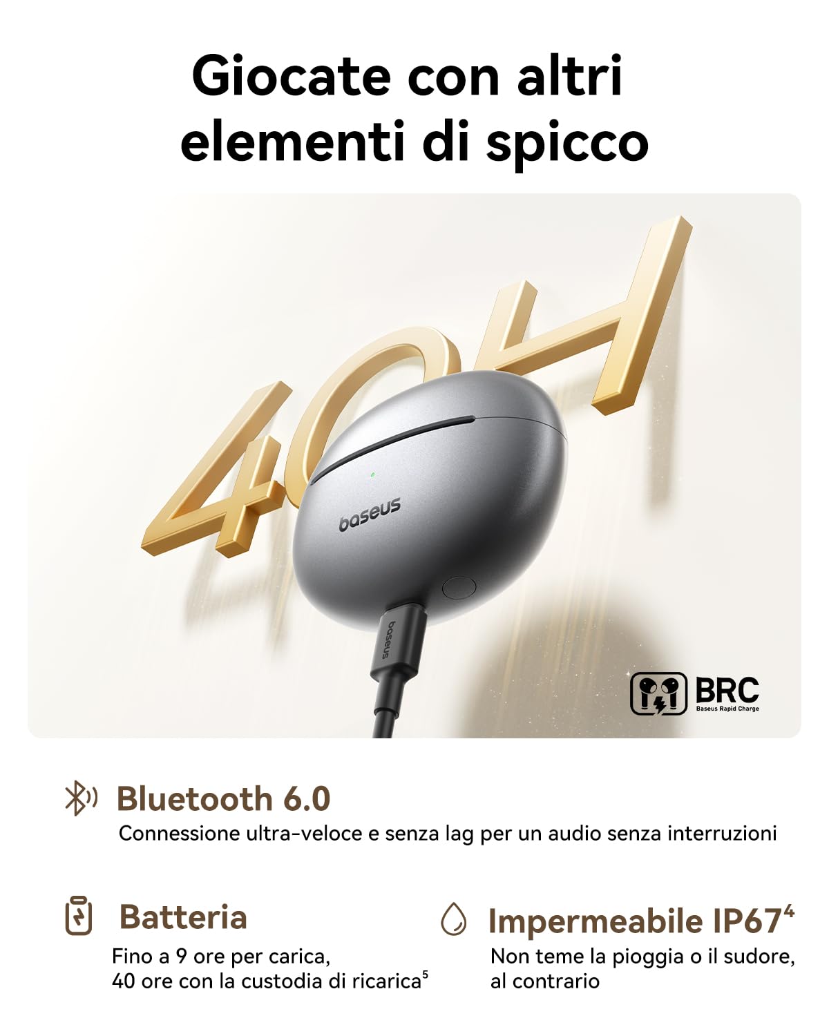 Baseus MC1 Pro Auricolari a Orecchio Aperto, clip per orecchie, suono impressionante, amplificazione dei bassi adattiva, Bluetooth 6.0, cancellazione del rumore in chiamata, IP67, 40H di batteria