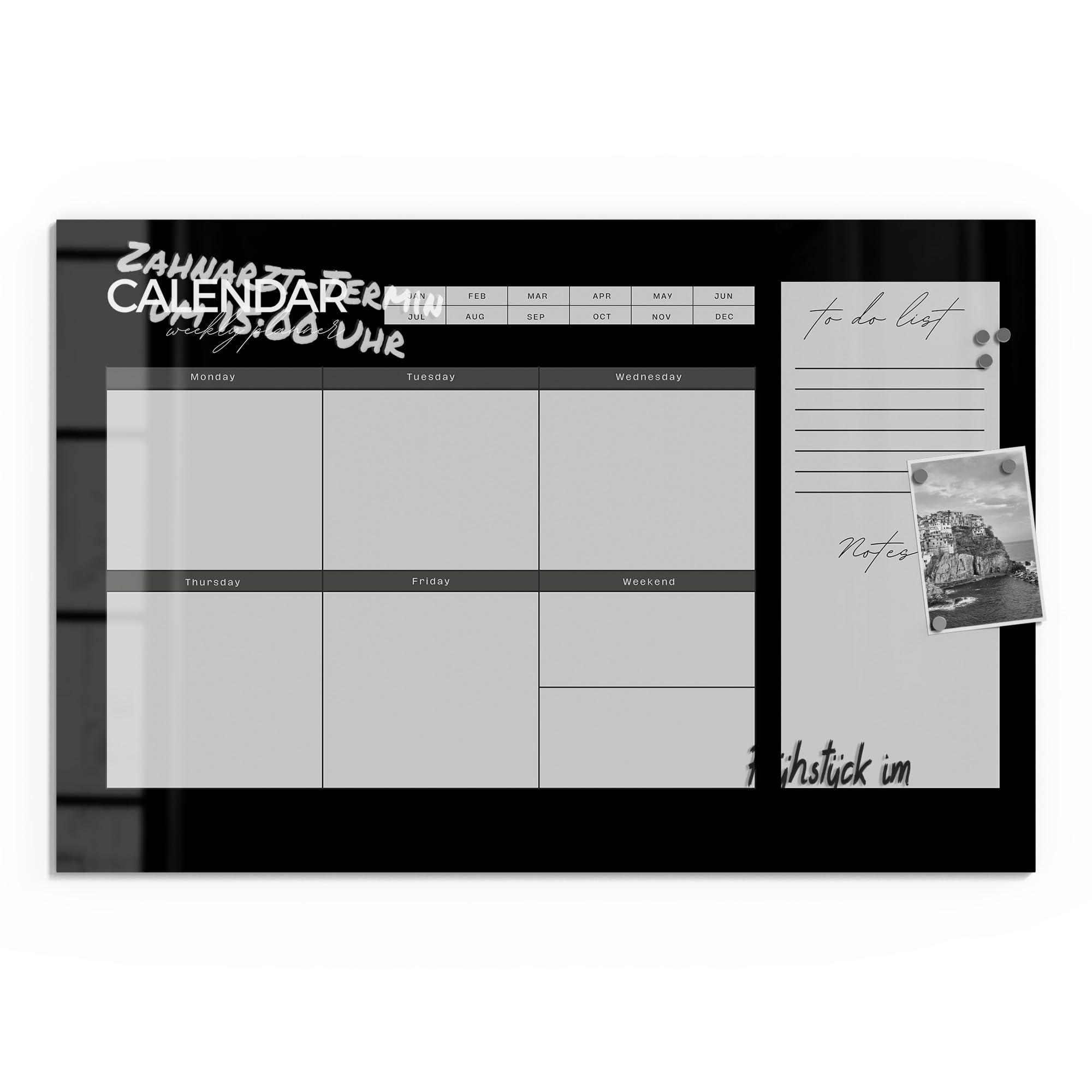 DEQORI Lavagna magnetica in vetro | 90 x 60 cm | motivo "Agenda settimanale nero (EN)" | Lavagna magnetica con magneti, penna e panno per cucina e ufficio, lavagna magnetica e scrivibile