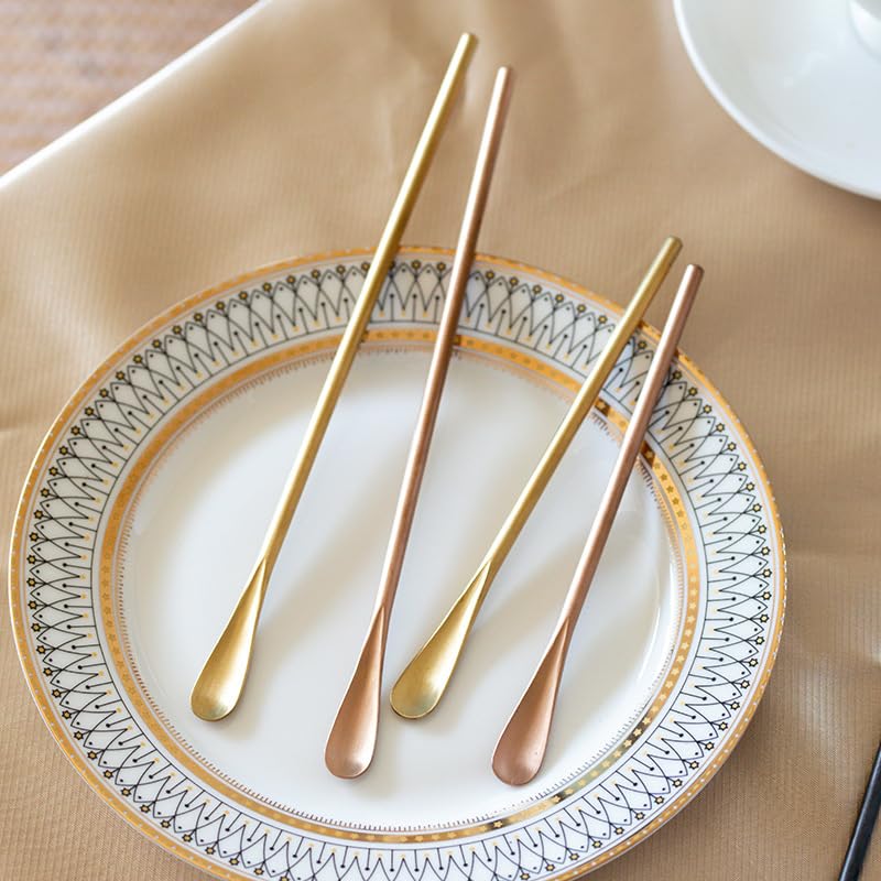 ONUIFIKE Silverware Set, 1/4/6/8/10/12 Pcs 304 Stainless Steel Thick Long Handle Coffee Stirring Spoon Small Spoon Dessert Ice Spoon Cocktail Spoon, Home Cutlery Flatware Set(Gold,4 Pieces)